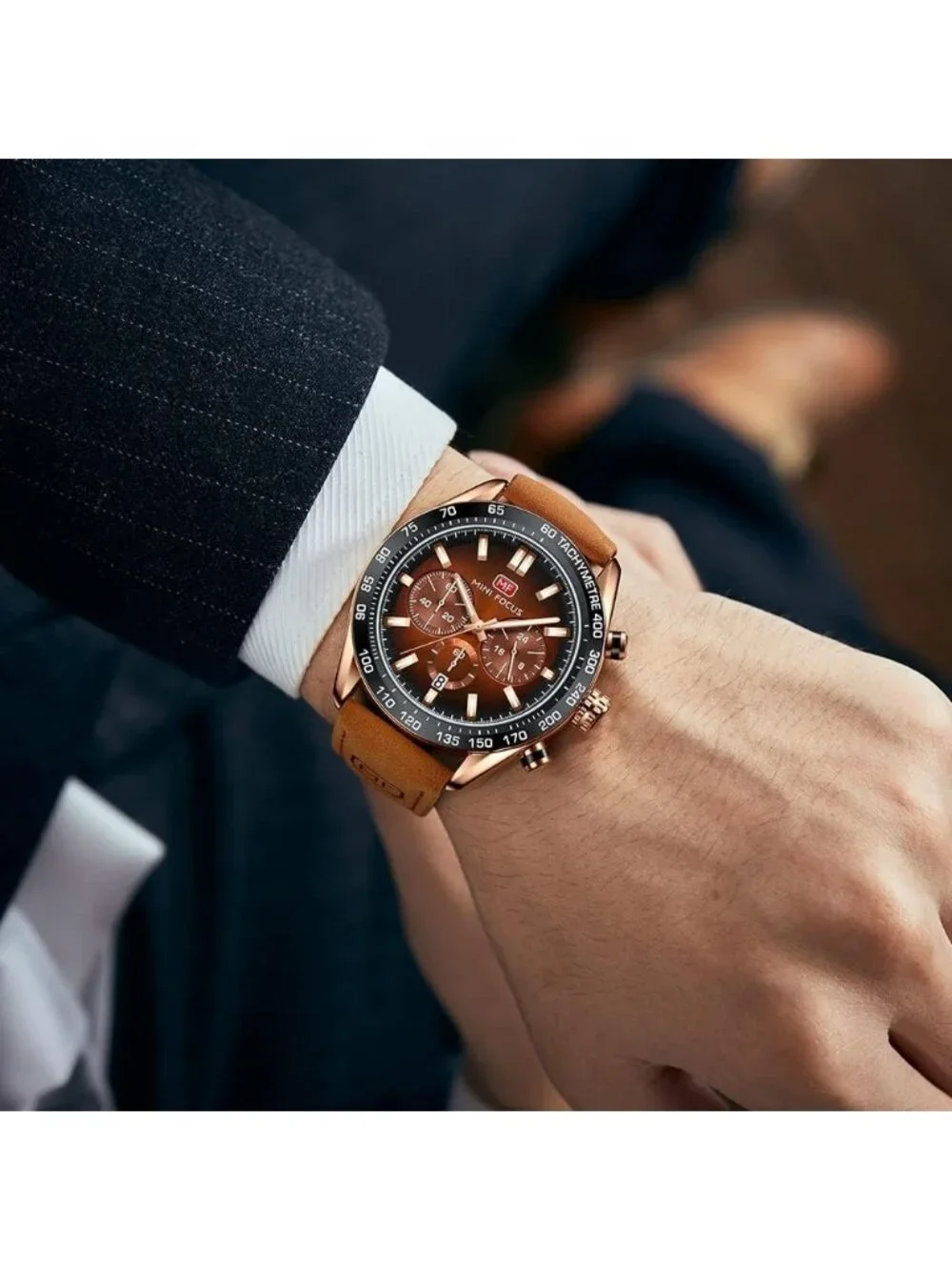 Men's Brown Golden Leather Band Multifunction Waterproof Luminous Wrist Watch